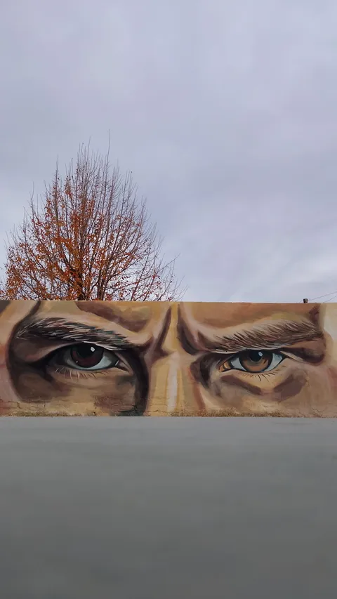 Dos ojos gigantes de mirada intensa, pintados en marrones y dorados sobre el paredón de una cancha, con un árbol de hojas otoñales y un cielo nublado detrás.