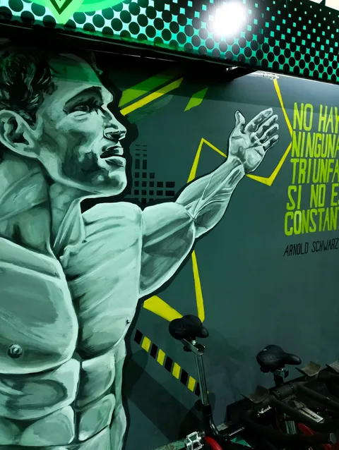 Rostro del mural de cerca, con la mano abierta y la frase de esfuerzo en letras amarillo lima con el nombre de su autor, y bicicletas fijas en la parte baja.